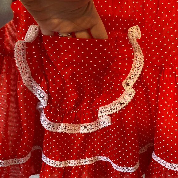 Vintage 1950s Red Polka Dot Half Apron Opaque Ruffles White Lace Pocket Retro - Picture 2 of 9